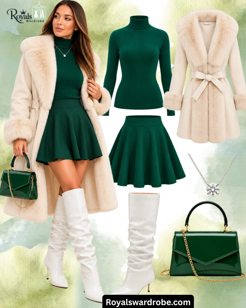 Emerald green turtleneck and matching skirt styled with an ivory fur-trimmed coat, white slouch boots, silver pendant necklace, and dark green handbag.