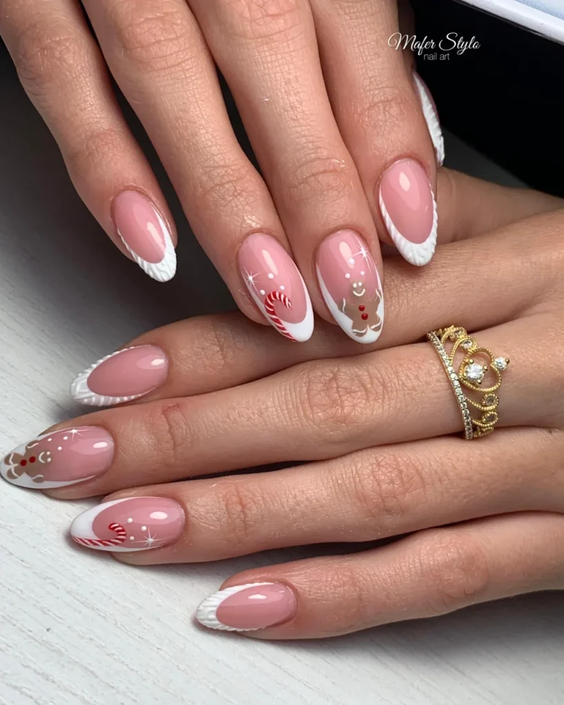 Pink and white French manicure Christmas nail designs with candy canes, reindeer, white textured tips, and a glossy finish.
