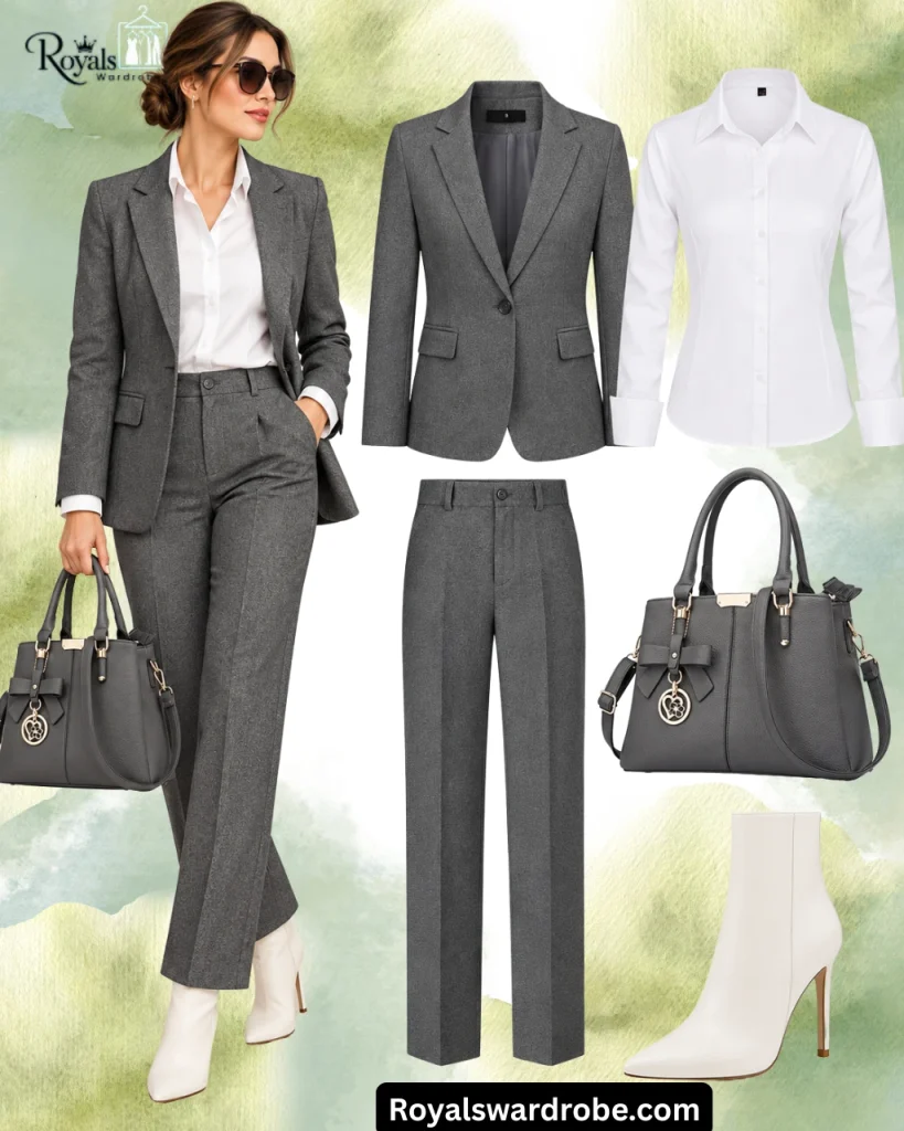 Elegant gray pantsuit outfit with a white button-down blouse, white pointed-toe ankle boots, and a structured gray handbag for a polished office look.