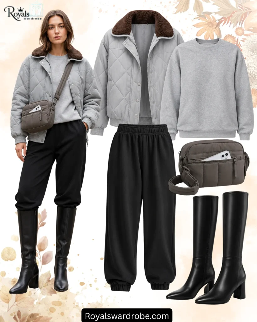 Gray quilted jacket with a dark brown sherpa collar, gray sweatshirt, black joggers, black calf boots, and a gray crossbody bag styled in a fall outfit collage.