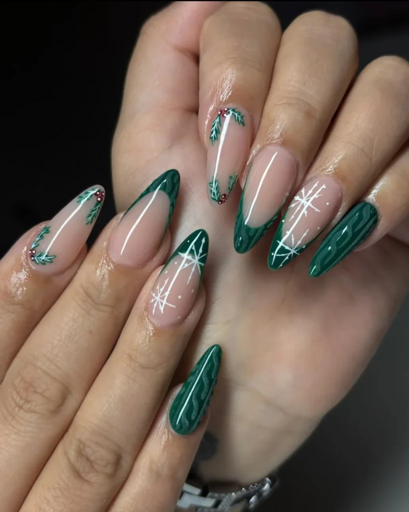Green Christmas French tip nail designs with deep green tips, white snowflakes, holly berries, and nude pink bases.