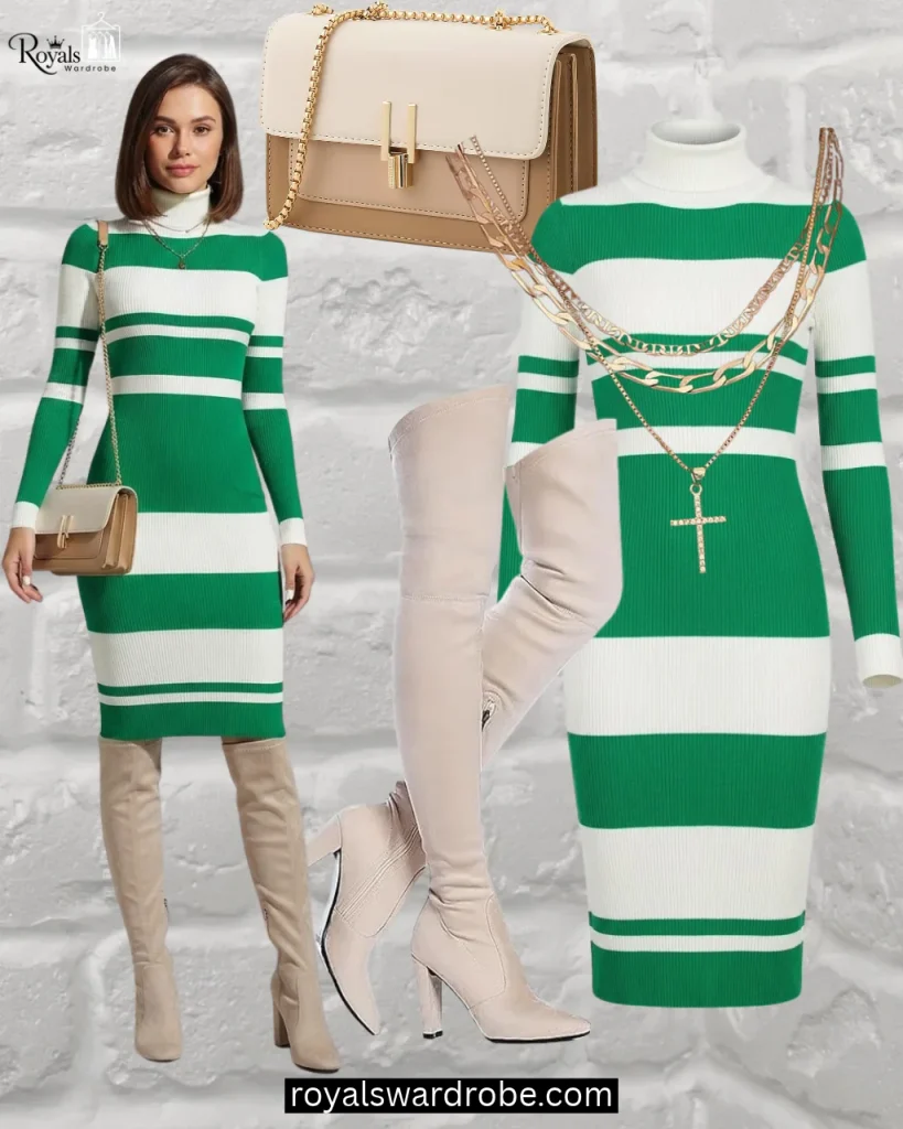 Green and white striped turtleneck dress with cream over-the-knee boots and matching handbag