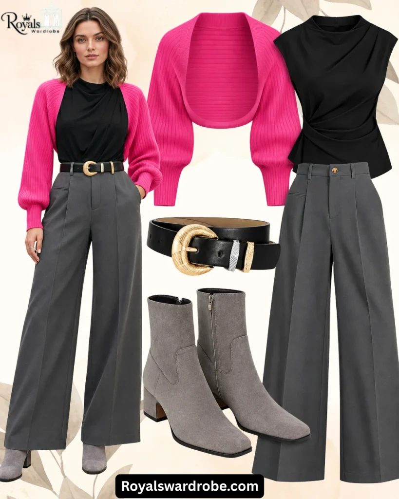 Hot pink cropped bolero with a black sleeveless top, gray wide leg trousers, black gold buckle belt, and gray suede ankle boots styled in a chic fall outfit collage.