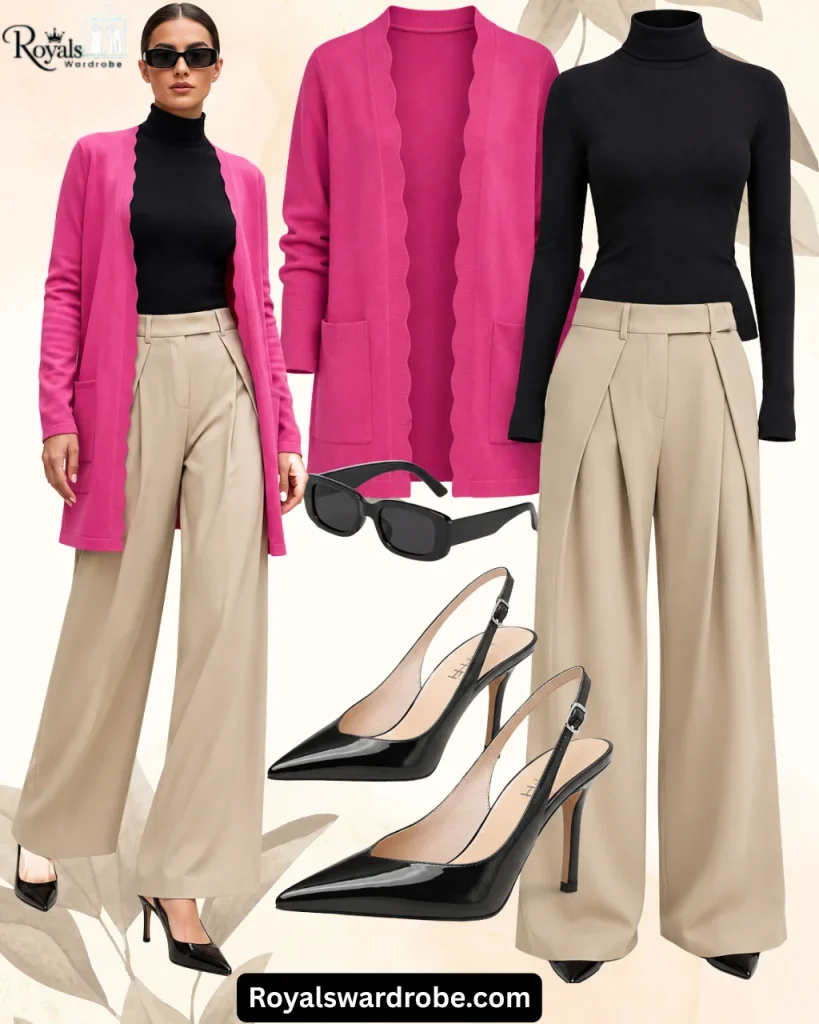 Hot pink cardigan outfit with a black turtleneck, beige wide-leg trousers, black sunglasses, and pointed slingback heels in a chic fall fashion collage.