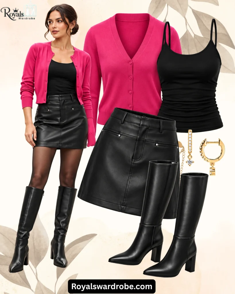 Woman wearing a hot pink cardigan with a black top, black leather mini skirt, sheer tights, and black knee high boots for a chic fall outfit.