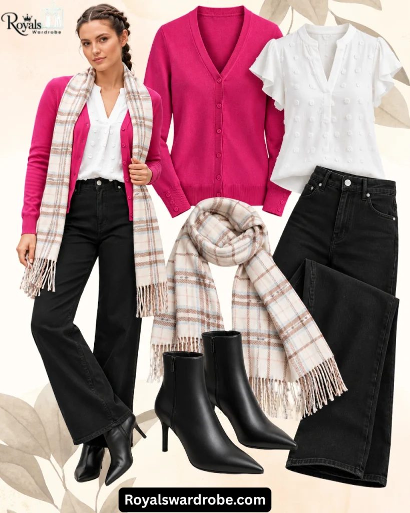 Hot pink cardigan outfit with a white textured blouse, cream plaid scarf, black wide-leg jeans, and black heeled ankle boots styled in an overlapping fashion collage on a beige background.
