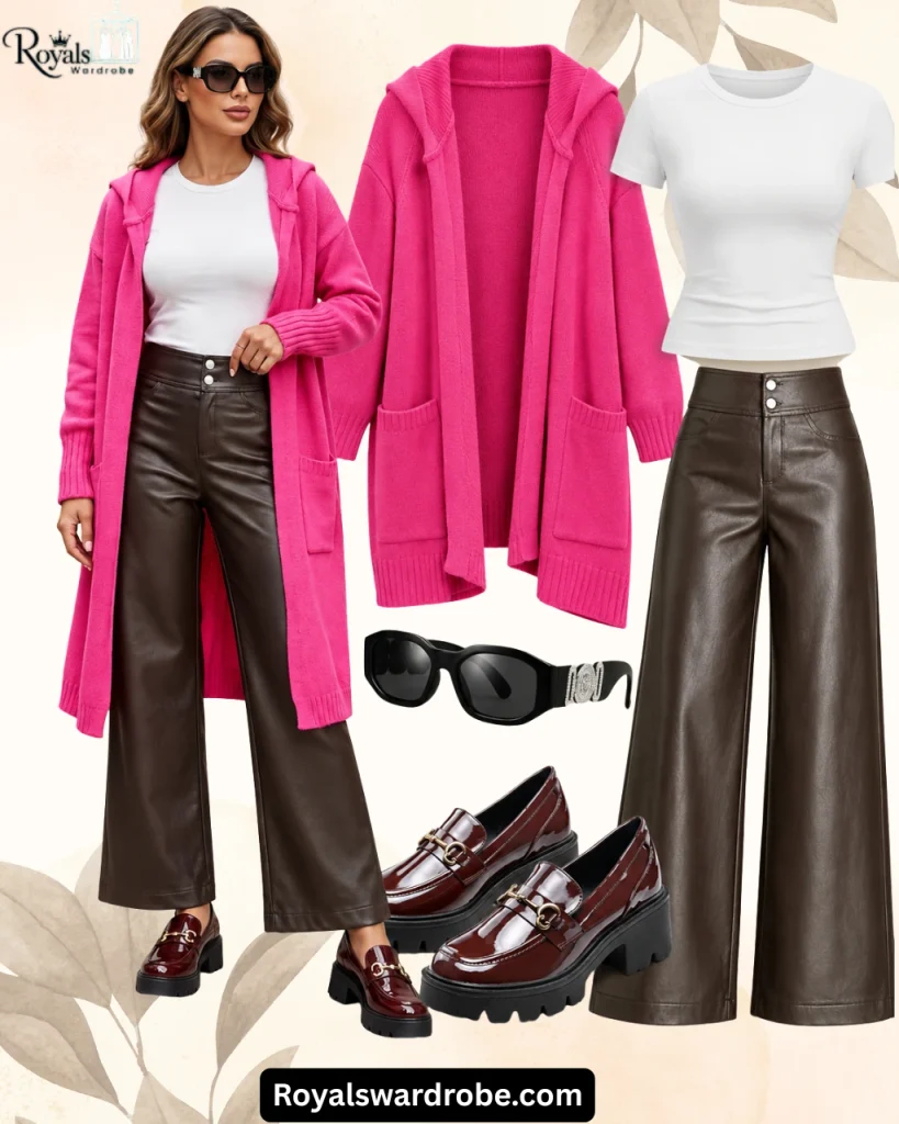 Woman wearing a hot pink long cardigan, white fitted T shirt, dark brown wide leg leather look pants, and burgundy platform loafers, styled with black statement sunglasses in an overlapping fashion collage.