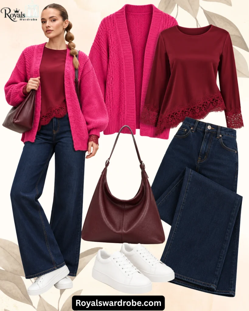 Woman wearing a hot pink chunky cardigan, burgundy lace trim top, dark wide leg jeans, and white sneakers, styled with a burgundy shoulder bag in a beige fashion collage.