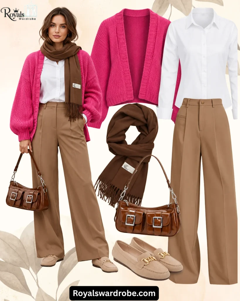 Woman wearing a hot pink chunky cardigan, white button-down shirt, camel wide-leg trousers, beige loafers, and a brown scarf, styled with a brown leather shoulder bag.