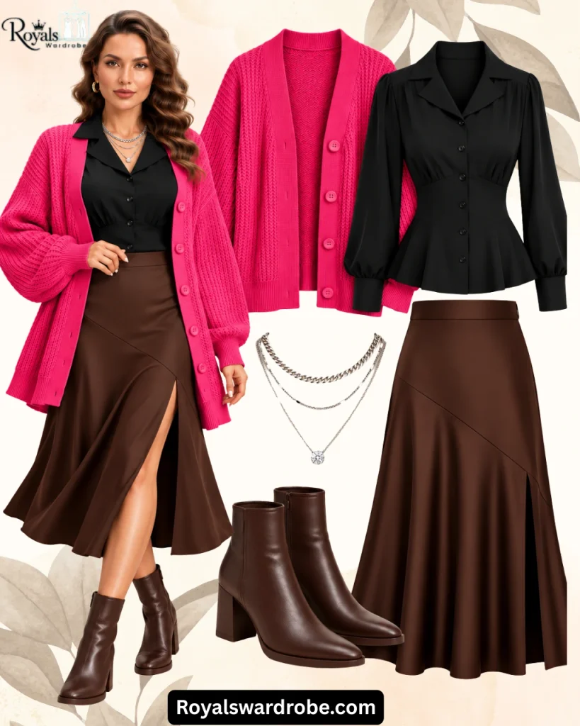 Hot pink cardigan outfit with a black blouse, chocolate brown slit midi skirt, brown ankle boots, and layered silver necklace displayed in an elegant beige fashion collage.
