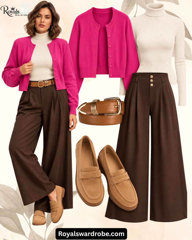 Hot pink cardigan outfit with an ivory ribbed turtleneck, chocolate brown wide-leg trousers, camel belt, tan suede loafers, and a model in a stylish beige background fashion collage.