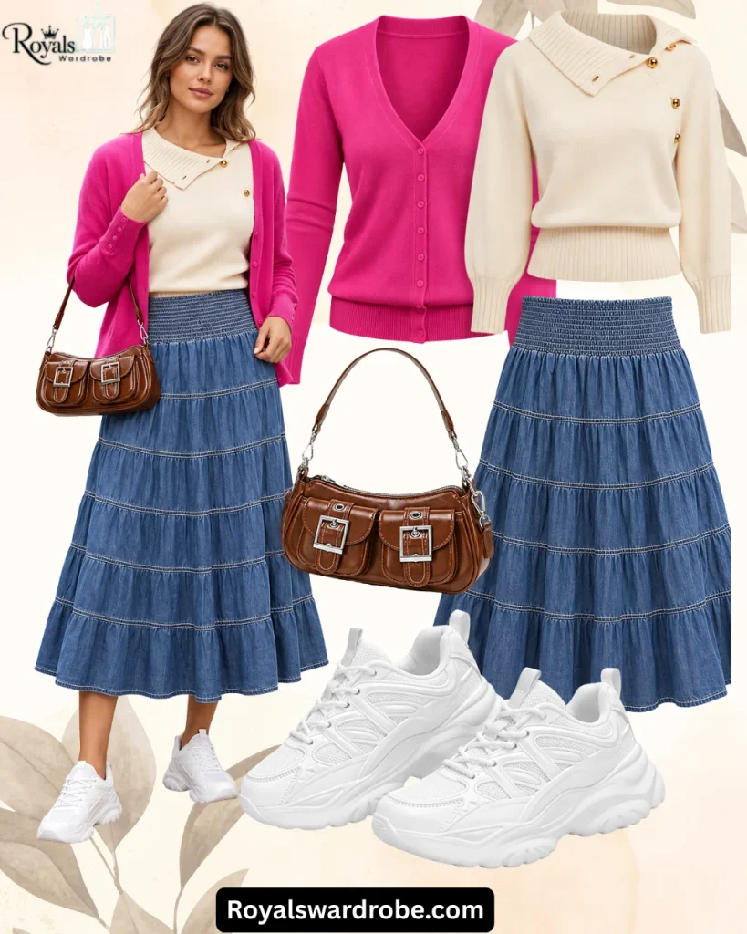 Hot pink cardigan styled with a cream sweater, blue tiered denim midi skirt, brown buckle handbag, and chunky white sneakers in a chic fall outfit collage.
