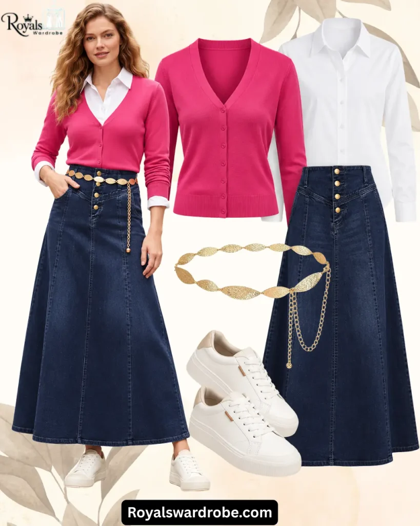 Hot pink cardigan outfit with a white button-down shirt, dark blue denim maxi skirt, gold statement belt, and white platform sneakers in an elegant fashion collage.