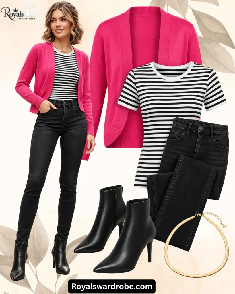 Hot pink cardigan outfit with a black and white striped top, black skinny jeans, pointed ankle boots, and gold necklace in a beige fashion collage.