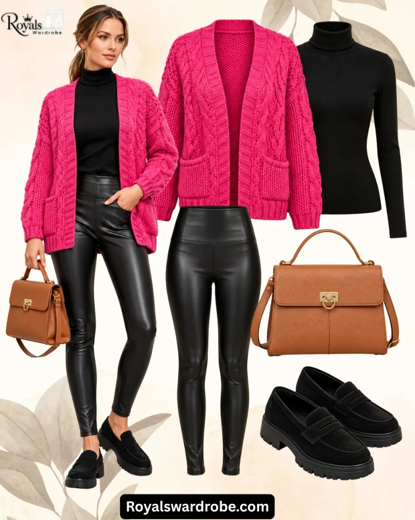 Hot pink cardigan outfit styled with a black turtleneck, faux leather leggings, chunky black loafers, and a structured tan handbag on a beige background.