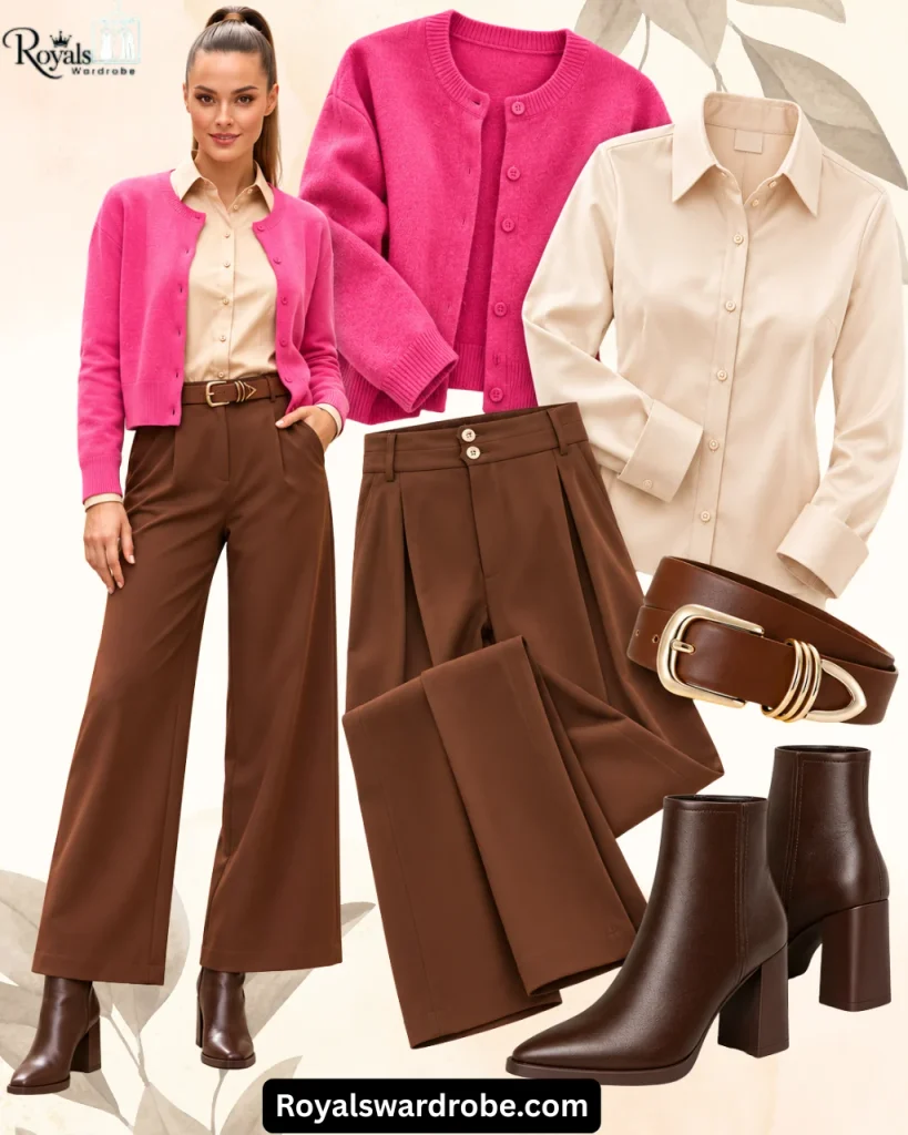 Hot pink cardigan outfit with a cream button-up shirt, chocolate brown wide-leg trousers, brown belt, and dark brown ankle boots in a beige fashion collage.