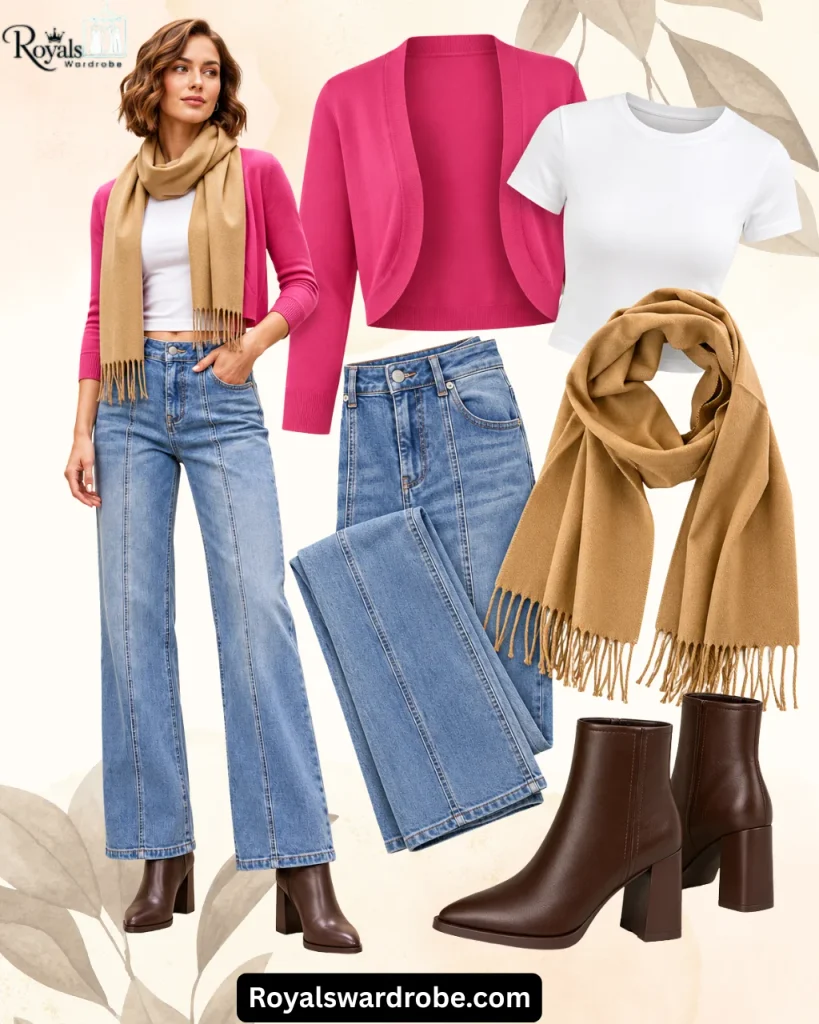 Hot pink cardigan outfit with a white tee, wide leg blue jeans, camel scarf, and dark brown ankle boots.