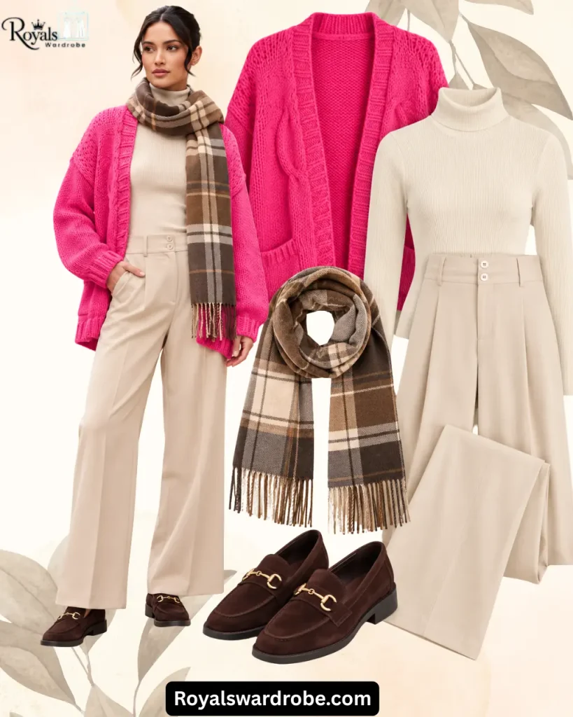 Hot pink cardigan outfit with a cream turtleneck, wide leg trousers, brown plaid scarf, and dark brown loafers in a beige fashion collage.