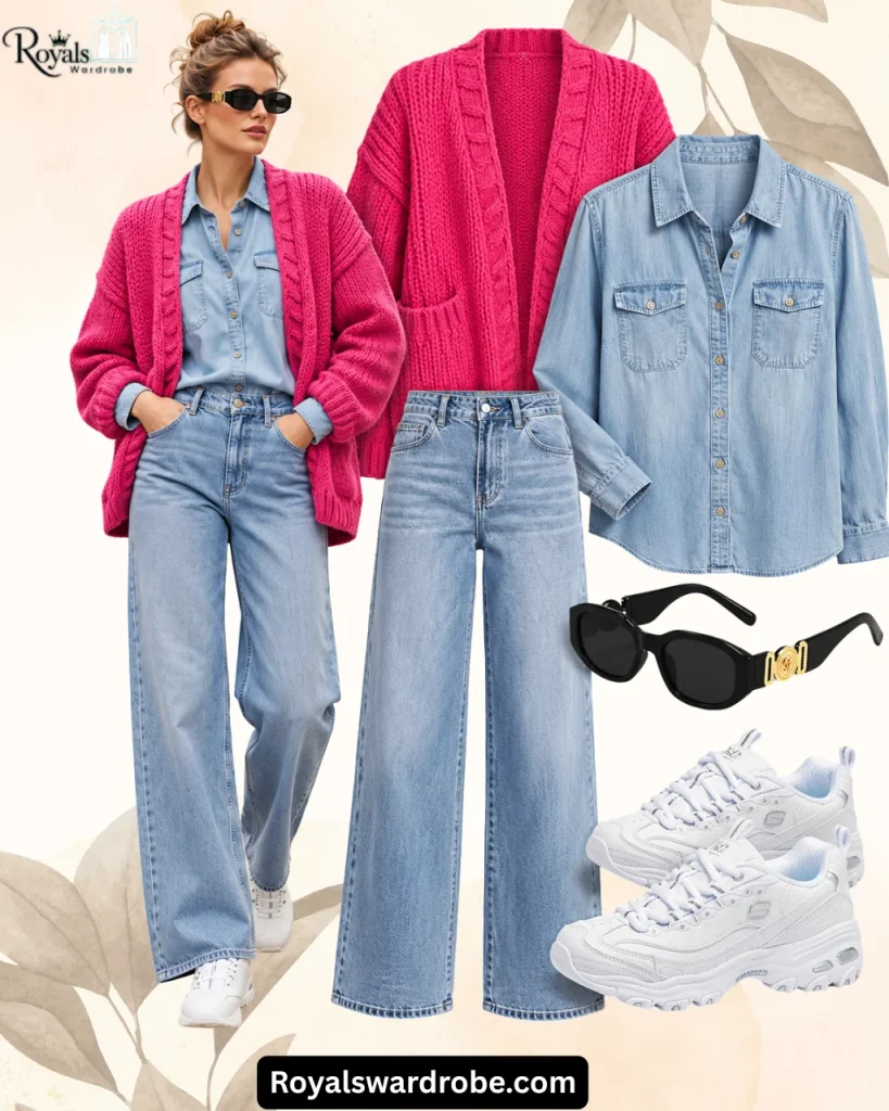 Hot pink cardigan outfit with a light blue denim shirt, wide leg jeans, white chunky sneakers, and black sunglasses in an overlapping beige fashion collage.