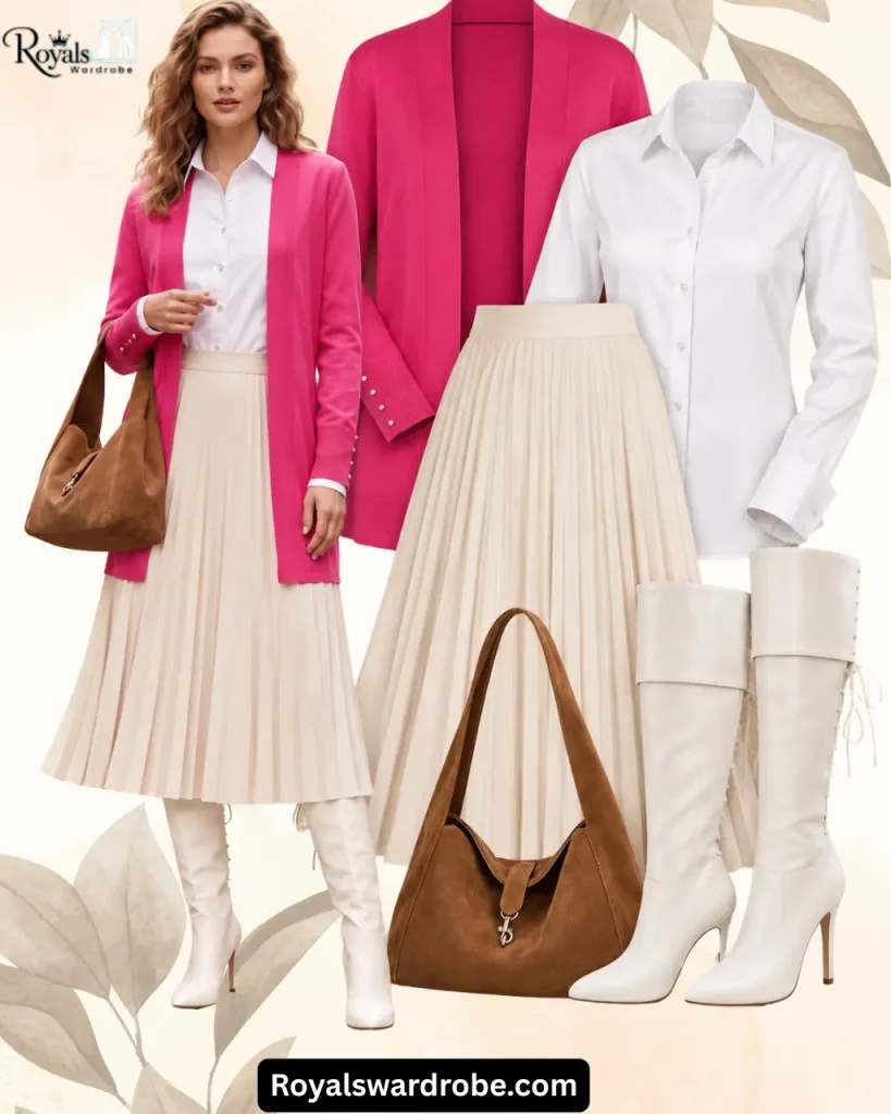 Hot pink cardigan outfit with a white button down shirt, light blue wide leg jeans, white chunky sneakers, brown suede shoulder bag, and black sunglasses styled in a beige fashion collage.