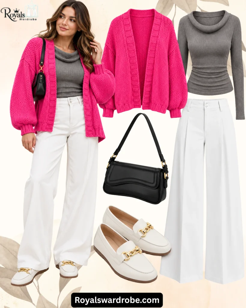 Woman wearing a hot pink chunky cardigan, gray cowl neck top, white wide leg trousers, white loafers, and a black shoulder bag for a chic fall outfit.