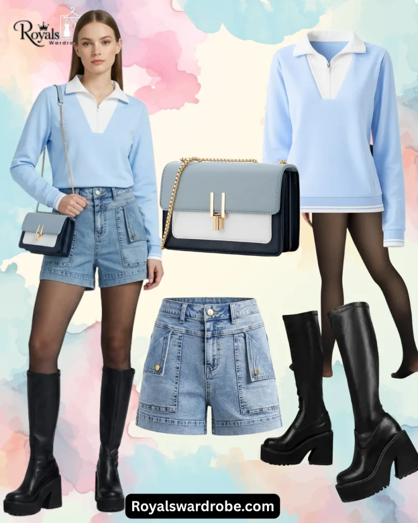Light blue quarter-zip sweater paired with shorts, leggings, stylish boots, and a matching handbag for a sporty casual outfit.