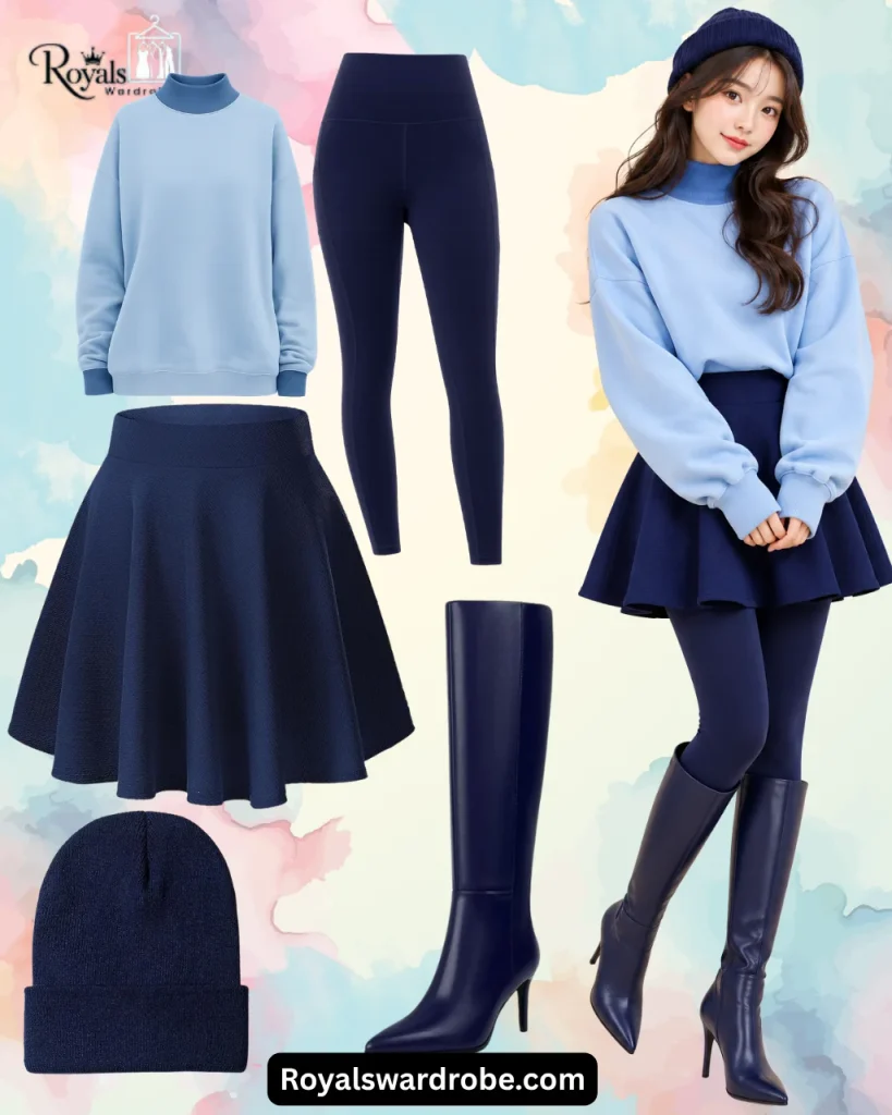 Woman wearing a light blue oversized sweater with a navy flared mini skirt, navy leggings, knee-high heeled boots, and a matching navy cap for a chic fall outfit.