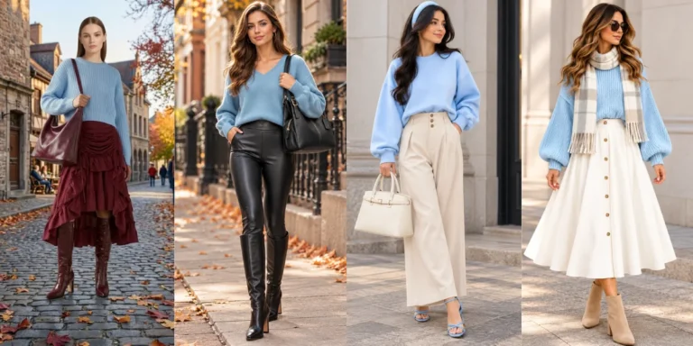 Four light blue sweater outfit ideas featuring a burgundy ruffled maxi skirt with tall boots, black leather pants with knee-high boots, cream wide-leg trousers with blue sandals, and a white midi skirt with a plaid scarf and beige ankle boots.