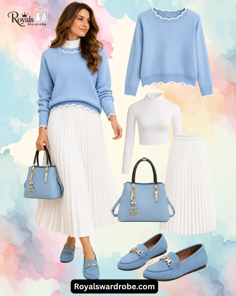Woman wearing a light blue sweater over a white turtleneck with a white pleated skirt, blue loafers, and a matching blue handbag for an elegant outfit.