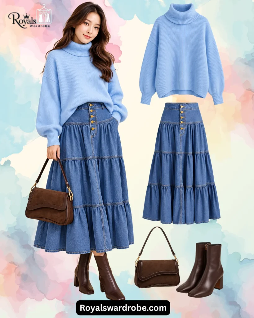 Woman wearing a light blue oversized turtleneck sweater with a tiered blue denim maxi skirt, dark brown ankle boots, and a brown suede shoulder bag for a chic fall outfit.