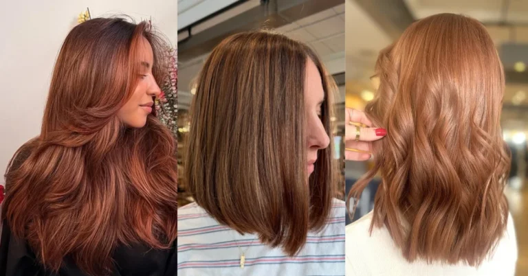 Light brown cinnamon hair color ideas featuring long copper-brown waves, a rich cinnamon brown bob, and soft warm cinnamon highlights.