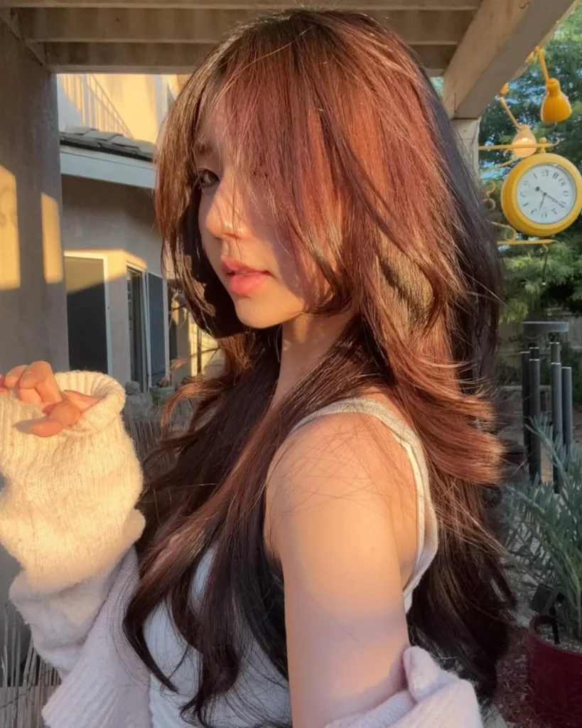 Light brown cinnamon hairs with sunlit copper highlights, long layers, and curtain bangs