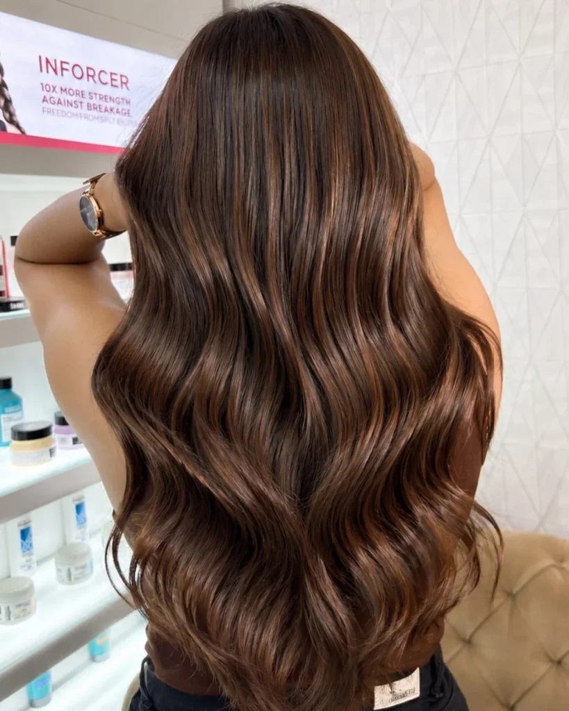 Light chocolate brown hair color with caramel balayage highlights and long, glossy waves