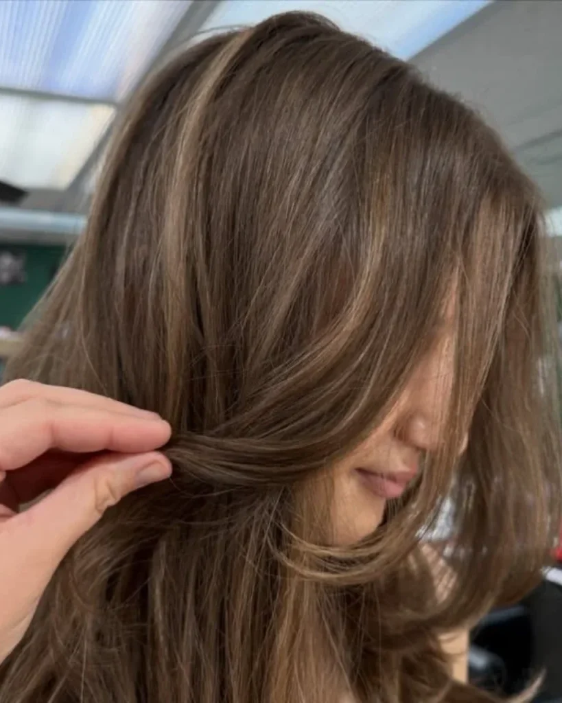 Light chocolate brown hair color with caramel ribbons, voluminous layers, and soft face-framing highlights