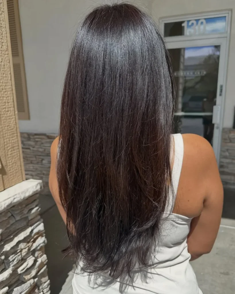 Light chocolate brown hair color for gray blending with long, sleek layers and a glossy brunette finish