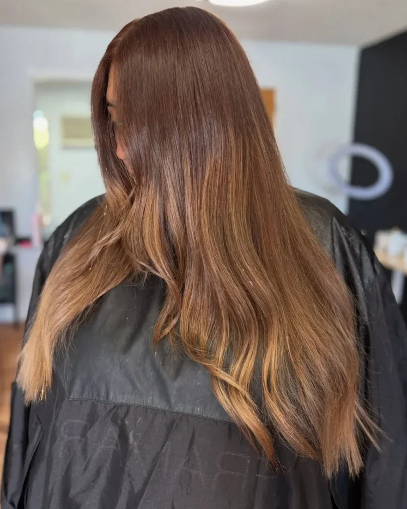Light golden brown hair color with blended brunette roots, caramel ombre ends, and long, silky layers.