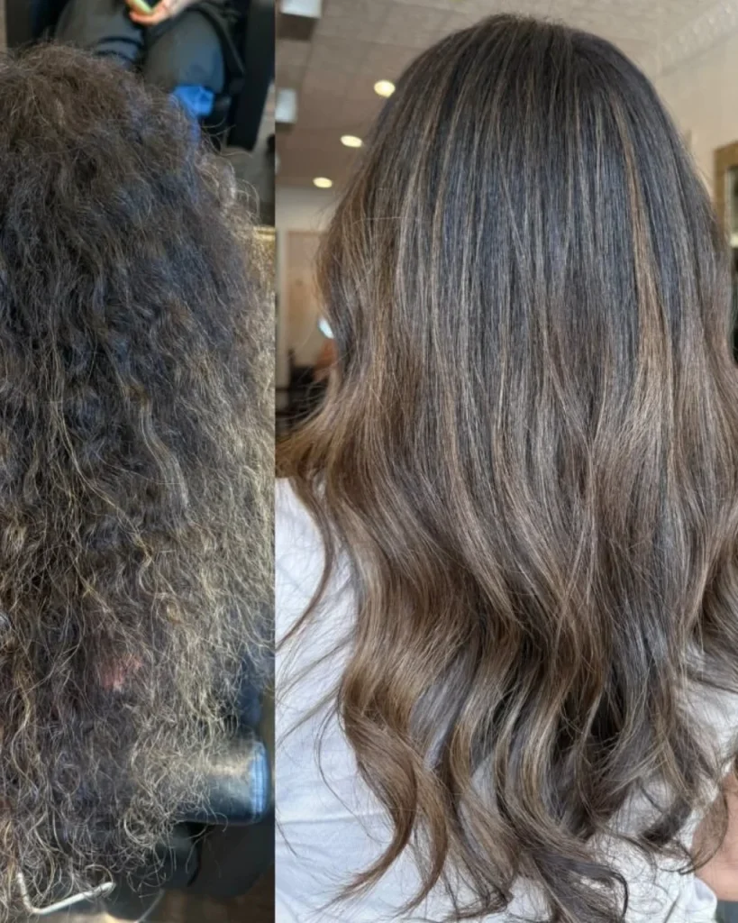Light golden brown hair with subtle caramel ribbons shown in a before-and-after hair transformation.