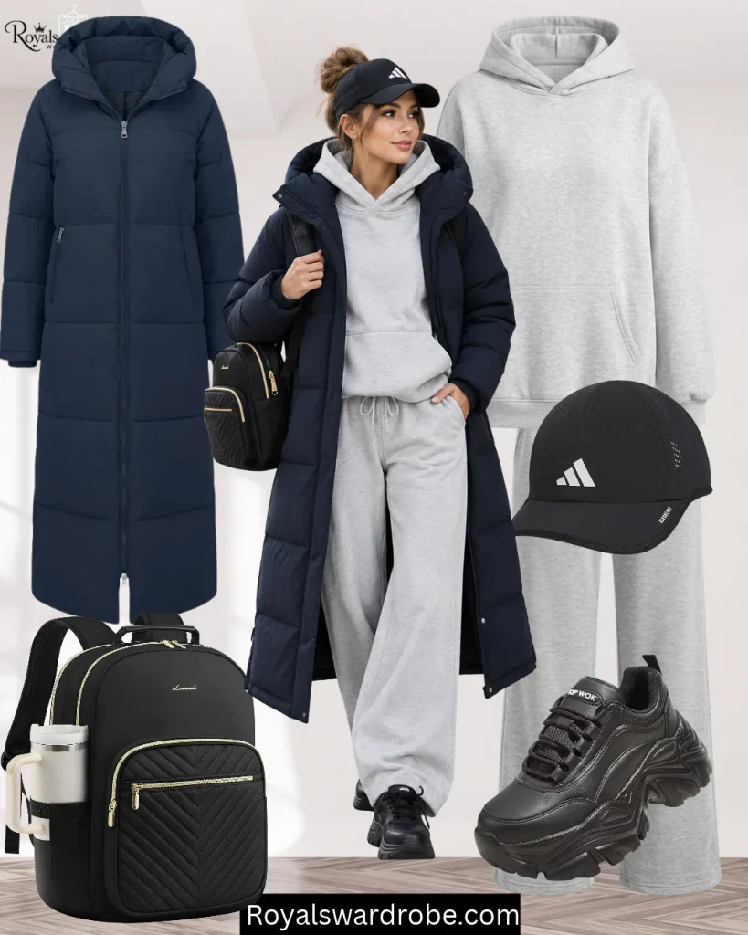 Woman wearing a long navy puffer jacket with gray hoodie, gray joggers, black chunky sneakers, and backpack
