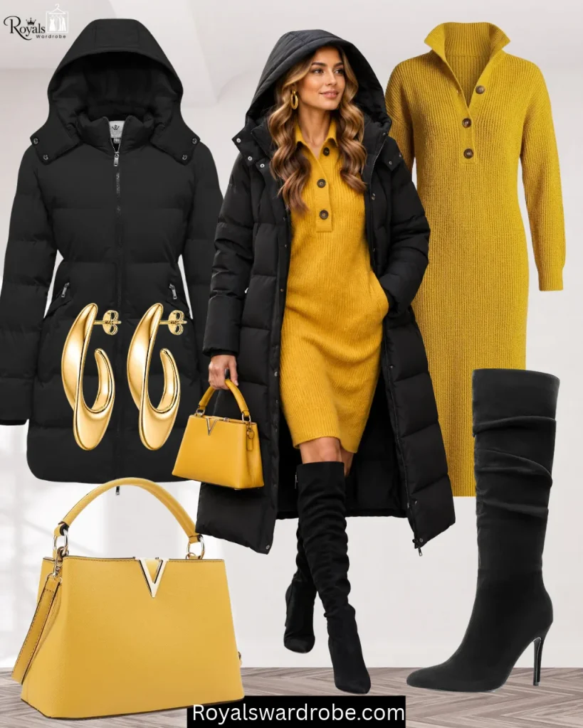Woman wearing a black long puffer jacket with mustard knit dress and black knee-high boots