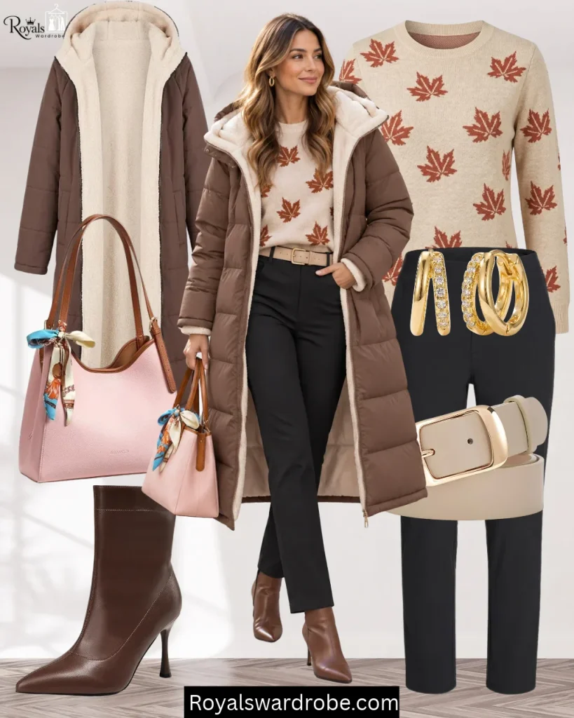 Woman wearing a brown long puffer jacket with black leather pants, patterned sweater, brown ankle boots, and pink handbag