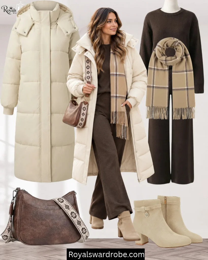 Long puffer jacket with a matching knit set and ankle boots for a chic winter outfit
