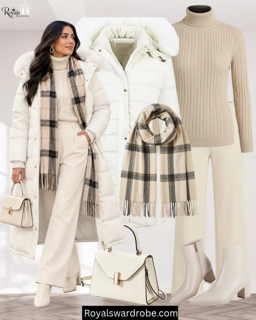 Long puffer jacket styled with a monochrome knit outfit for a polished winter look.