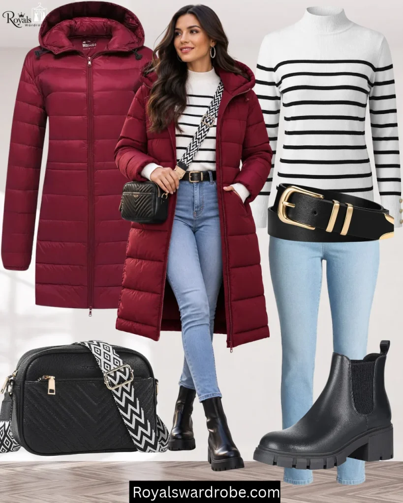 Long puffer jacket styled with a striped sweater and blue jeans for a cozy winter outfit.