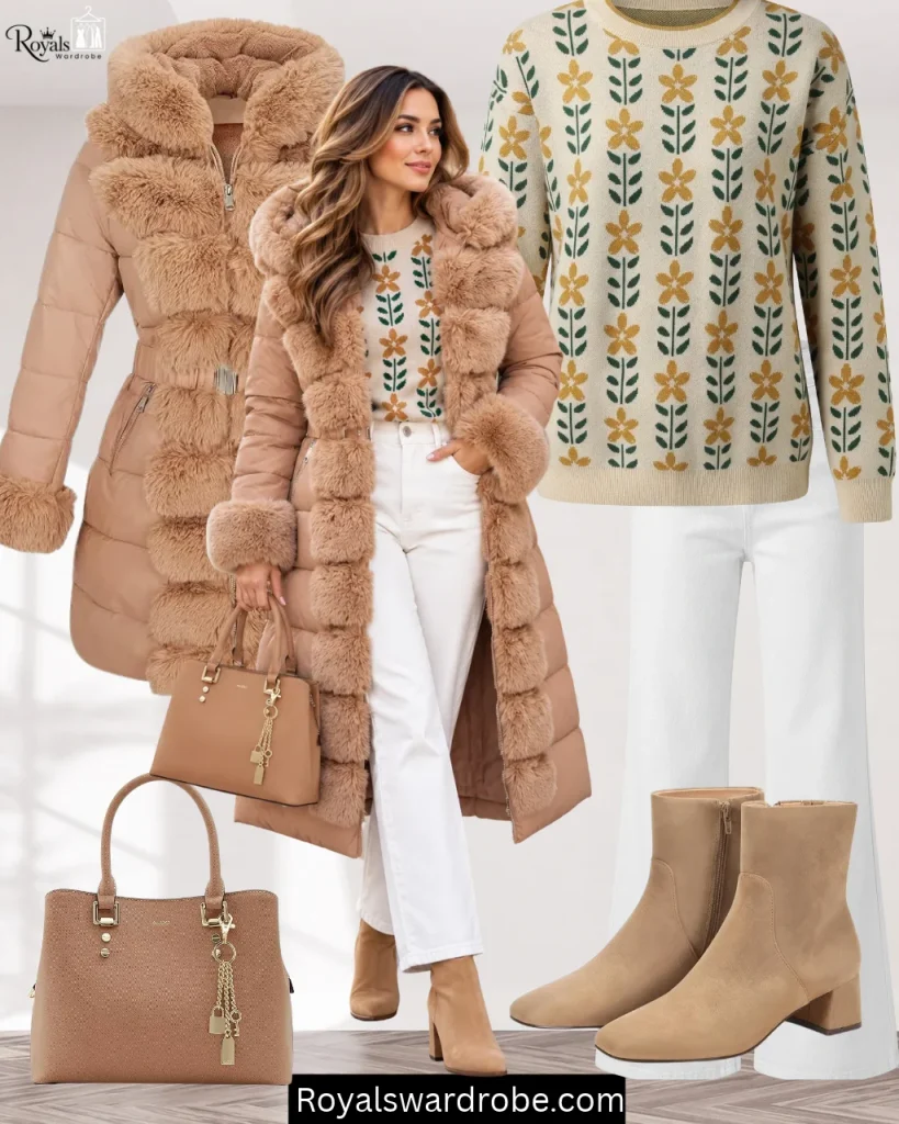 Long puffer jacket outfit with white jeans and a neutral knit winter outfit