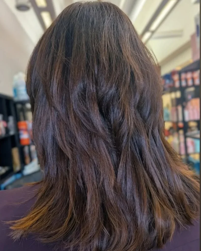 Medium length light brown hair in a rich walnut brown shade with soft layers and feathered ends.