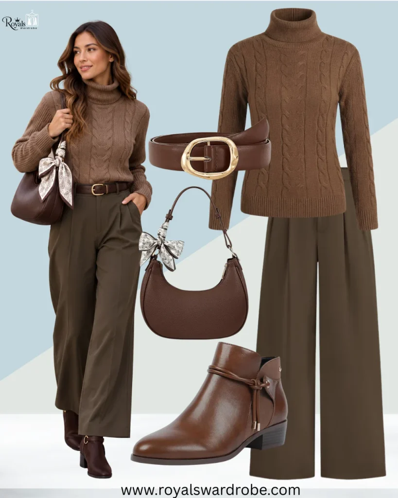 Monochromatic brown outfit with short brown boots and coordinated brown layers
