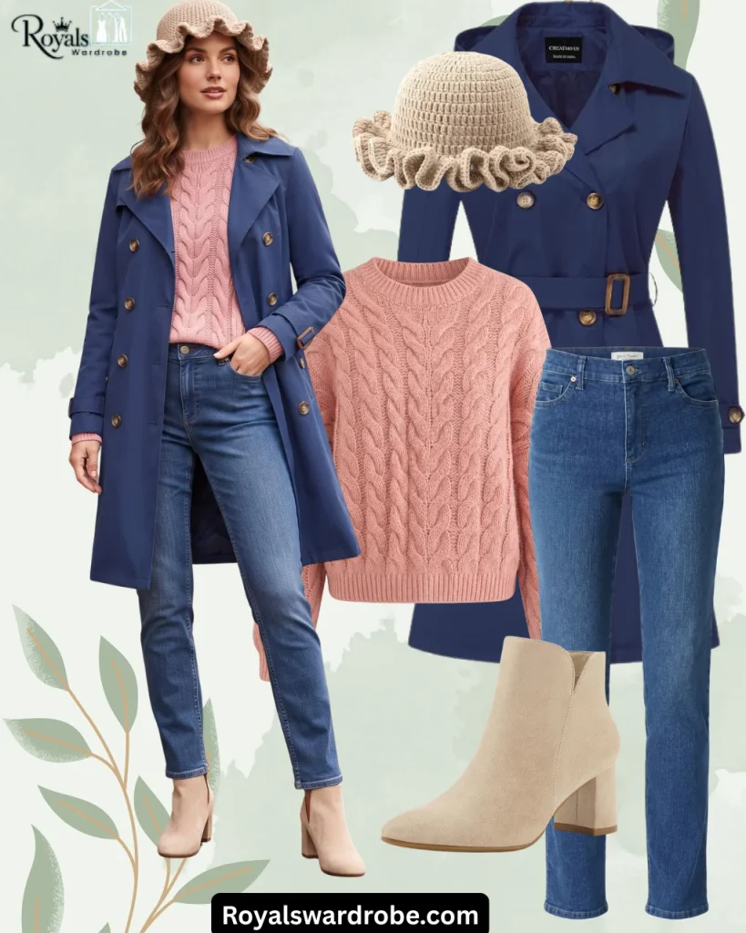 Woman wearing a navy blue belted coat, pink cable-knit sweater, blue jeans, beige ankle boots, and a matching knit bucket hat in a Royals Wardrobe fall fashion collage.