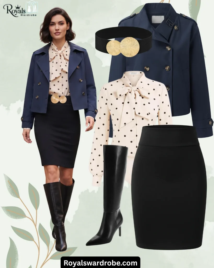 Woman wearing a navy blue double-breasted jacket, cream polka-dot bow blouse, black pencil skirt, black knee-high boots, and a black belt with gold buckle in a Royals Wardrobe fashion collage.