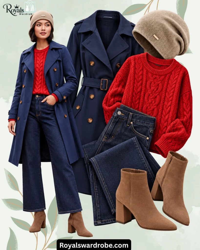 Navy blue trench coat outfit with a red cable-knit sweater, dark wide-leg jeans, taupe beanie, and brown ankle boots in an overlapping fall fashion collage.
