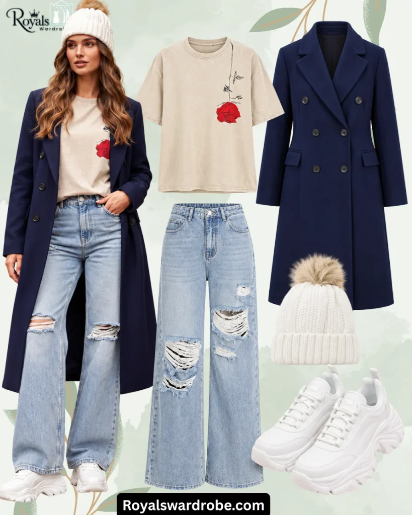 Navy double-breasted coat styled with a cream rose-print T-shirt, ripped light-wash wide-leg jeans, white chunky sneakers, and a cream pom-pom beanie, shown on a standing model with matching clothing pieces on a warm beige background.